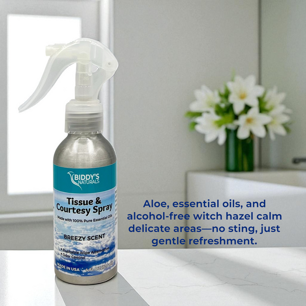 Tissue & Courtesy Spray Flushable Wipe Alternative. Breezy Scent 4oz