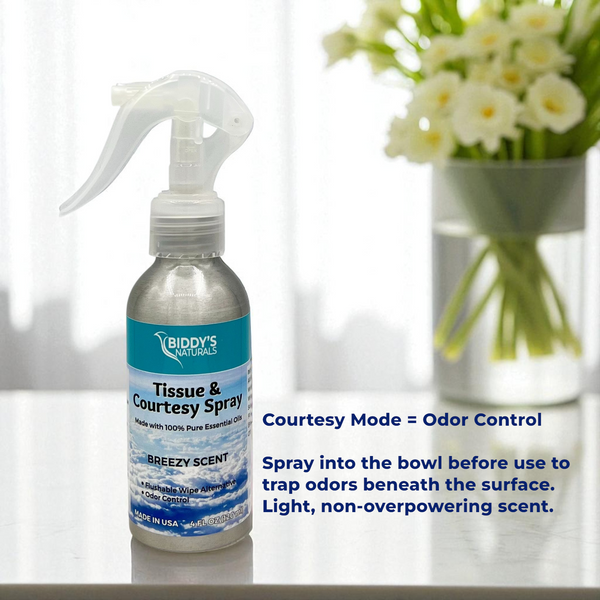 Tissue & Courtesy Spray Flushable Wipe Alternative. Breezy Scent 4oz