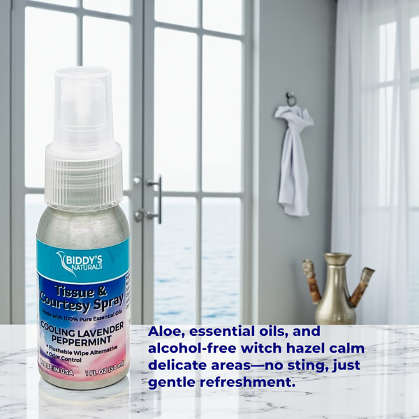 Tissue & Courtesy Spray Flushable Wipe Alternative. Cooling Lavender Peppermint 1oz