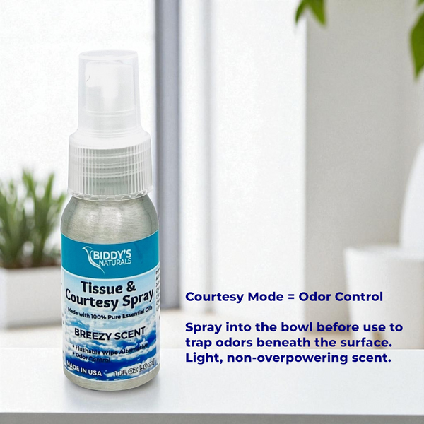 Tissue & Courtesy Spray Flushable Wipe Alternative. Breezy Scent 1oz